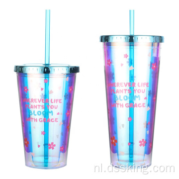 Laserpapier bedrukt dubbele plastic cup magische kleur beker met deksel en stro